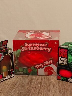 Huge Squishy Lot Needoh Nice-sicle, Pink Funky Pup, Green Fuzz Ball & Strawberry